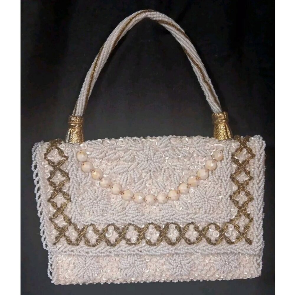 Vtg Vivant by Sarne Wrist Purse Italian Beaded Cream White Gold Hong Kong READ